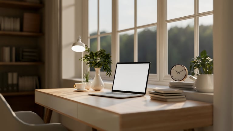 Modern minimalist desk with laptop and design tools for web design workspace